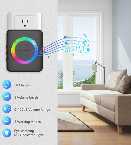 Wireless Doorbell with 2 Plug-In Receivers, IP65 Waterproof Doorbells for Home, 1300Ft Operating Range, 60 Optional Melodies & 5 Adjustment Volume Levels of 0-120 Db, LED Flashing- Black