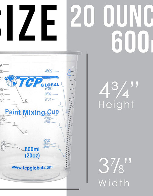 Load image into Gallery viewer, 20 Ounce (600Ml) Disposable Flexible Clear Graduated Plastic Mixing Cups - Box of 50 Cups &amp; 50 Mixing Sticks - Use for Paint, Resin, Epoxy, Art, Kitchen - Measuring Ratios 2-1, 3-1, 4-1, ML
