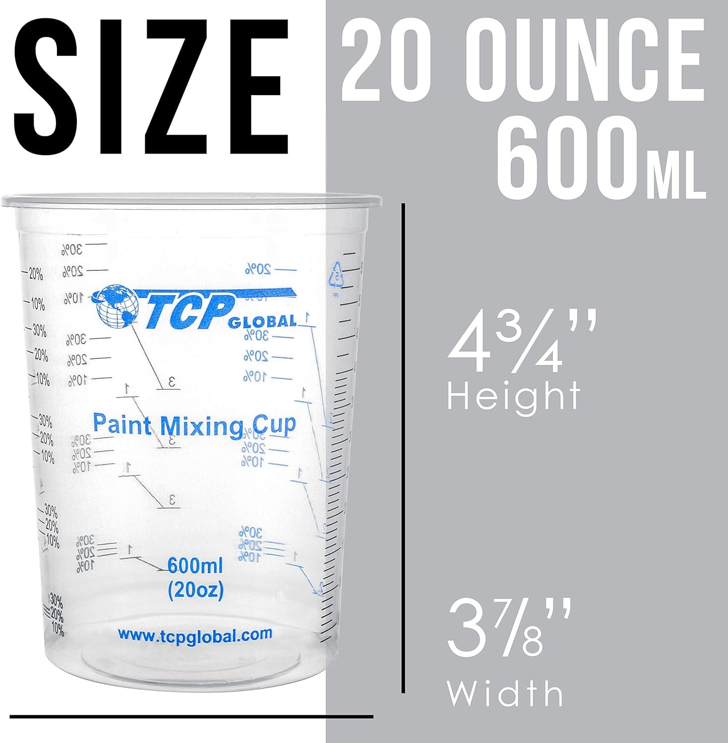 20 Ounce (600Ml) Disposable Flexible Clear Graduated Plastic Mixing Cups - Box of 50 Cups & 50 Mixing Sticks - Use for Paint, Resin, Epoxy, Art, Kitchen - Measuring Ratios 2-1, 3-1, 4-1, ML