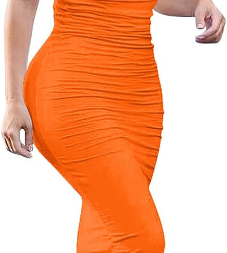 Women'S Ruched off Shoulder Short Sleeve Bodycon Midi Elegant Cocktail Party Dress