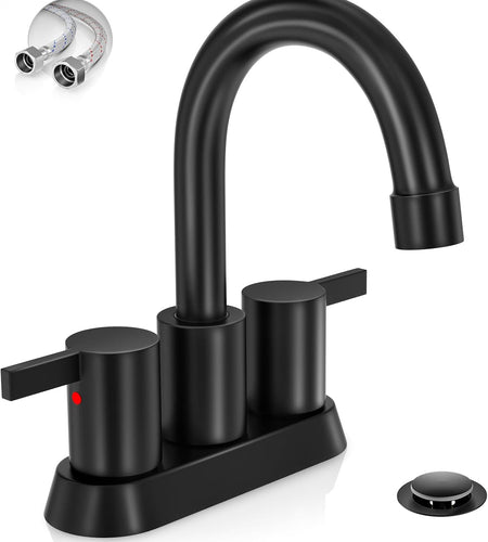 4 Inch 2 Handle Centerset Matte Black Lead-Free Modern Bathroom Faucet, 360 Swivel Spout 2-3 Hole RV Bathroom Vanity Sink Faucet with Pop up Drain and Water Supply Lines，Bf015-1-Mb