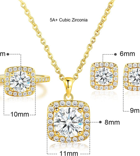 Jewelry Set for Women, 18K Gold Plated Halo Cubic Zirconia Necklace/ Earrings/ Rings Wedding Hypoallergenic Jewelry Pack of 3