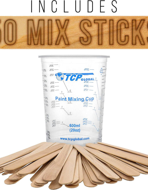 Load image into Gallery viewer, 20 Ounce (600Ml) Disposable Flexible Clear Graduated Plastic Mixing Cups - Box of 50 Cups &amp; 50 Mixing Sticks - Use for Paint, Resin, Epoxy, Art, Kitchen - Measuring Ratios 2-1, 3-1, 4-1, ML
