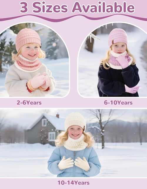 Load image into Gallery viewer, 3Pcs Kids Winter Beanie Hat Scarf Gloves Set for 2-6-10-14 Years Old Boys Girls, Knit Thick Warm Fleece Lined Thermal Sets
