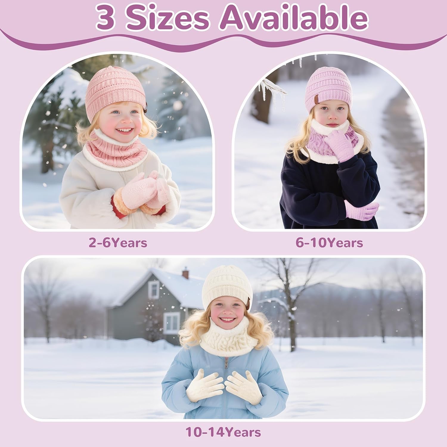 3Pcs Kids Winter Beanie Hat Scarf Gloves Set for 2-6-10-14 Years Old Boys Girls, Knit Thick Warm Fleece Lined Thermal Sets