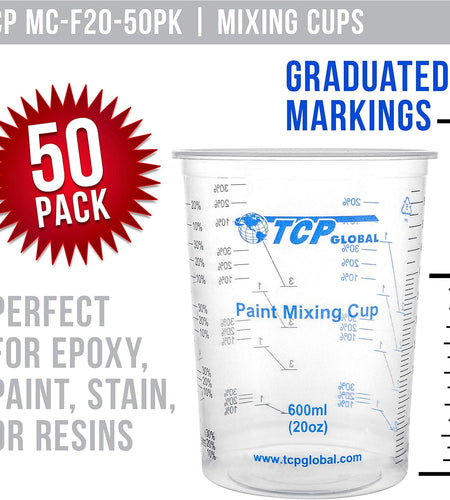 20 Ounce (600Ml) Disposable Flexible Clear Graduated Plastic Mixing Cups - Box of 50 Cups & 50 Mixing Sticks - Use for Paint, Resin, Epoxy, Art, Kitchen - Measuring Ratios 2-1, 3-1, 4-1, ML
