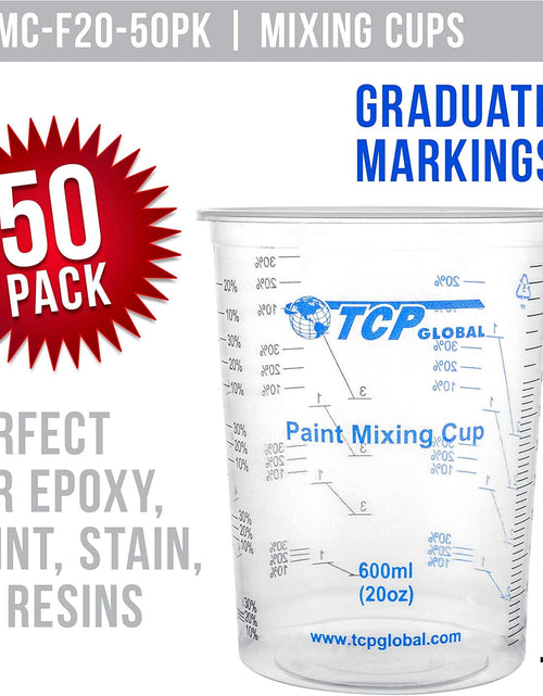 Load image into Gallery viewer, 20 Ounce (600Ml) Disposable Flexible Clear Graduated Plastic Mixing Cups - Box of 50 Cups &amp; 50 Mixing Sticks - Use for Paint, Resin, Epoxy, Art, Kitchen - Measuring Ratios 2-1, 3-1, 4-1, ML
