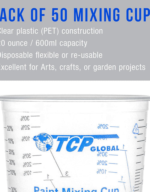 Load image into Gallery viewer, 20 Ounce (600Ml) Disposable Flexible Clear Graduated Plastic Mixing Cups - Box of 50 Cups &amp; 50 Mixing Sticks - Use for Paint, Resin, Epoxy, Art, Kitchen - Measuring Ratios 2-1, 3-1, 4-1, ML
