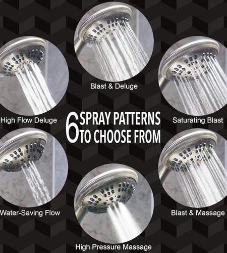 6 Function Luxury Handheld Shower Head - Adjustable High Pressure Rainfall Spray with Removable Hand Held Rain Showerhead for the Bathroom, 2.5 GPM - Brushed Nickel