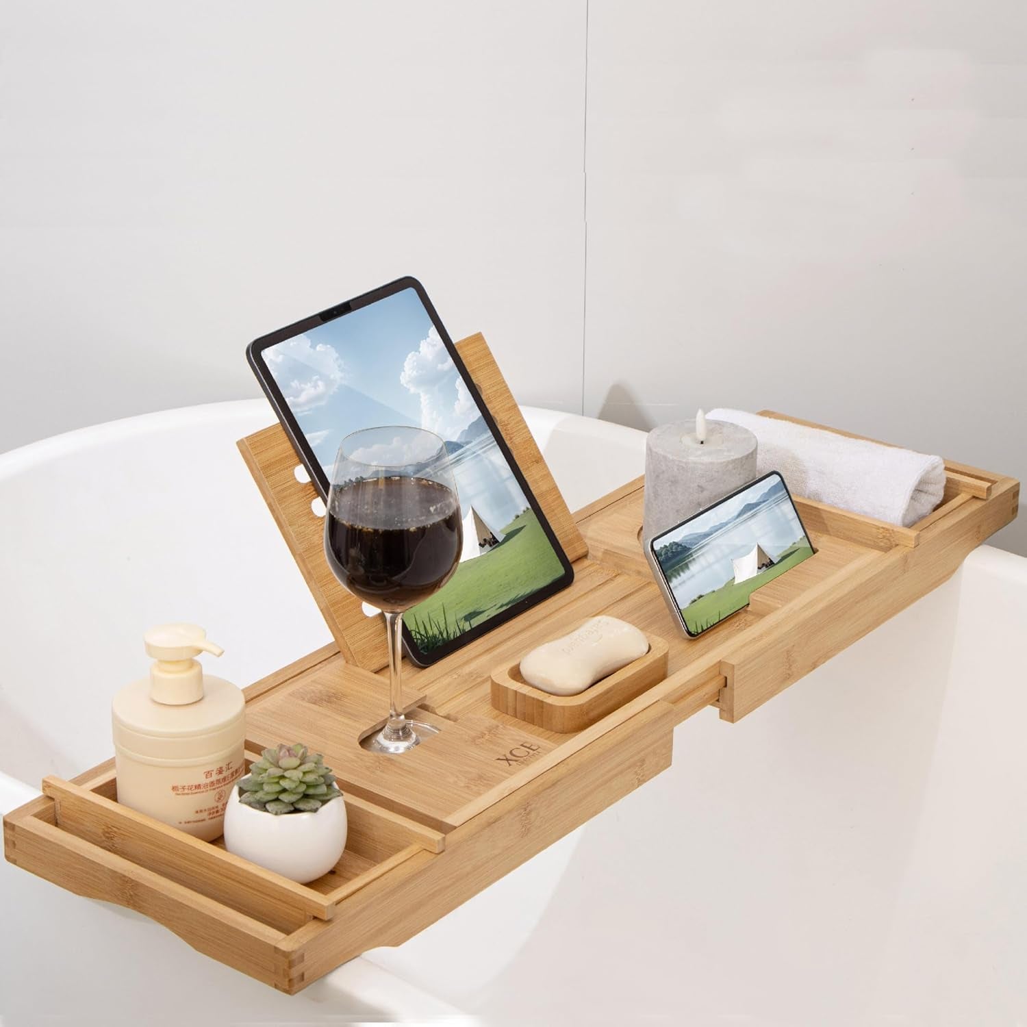 Bathtub Caddy Tray (Natural)- Bamboo Wood Bath Tray and Bath Caddy for a Home Spa Experience