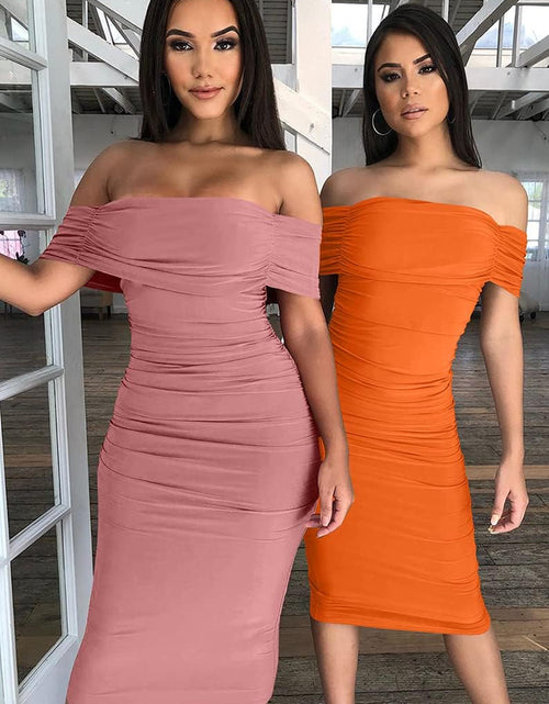 Load image into Gallery viewer, Women'S Ruched off Shoulder Short Sleeve Bodycon Midi Elegant Cocktail Party Dress
