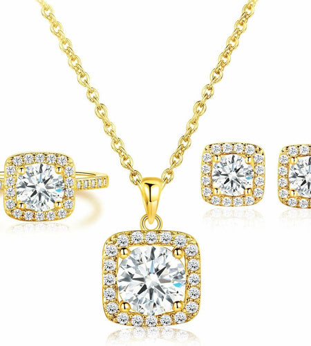 Jewelry Set for Women, 18K Gold Plated Halo Cubic Zirconia Necklace/ Earrings/ Rings Wedding Hypoallergenic Jewelry Pack of 3