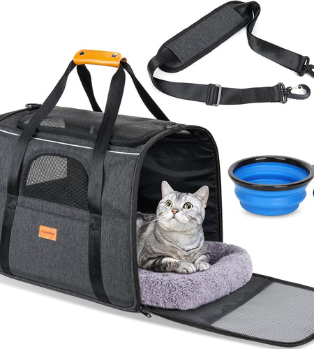 Cat Carrier - Soft Sided Cat Carrier Large for Big Medium Cats and Puppy up to 15Lbs, Pet Carrier with Safety Zippers, Foldable Bowl, Airline Approved Large Cat Carrier - Dark Gray