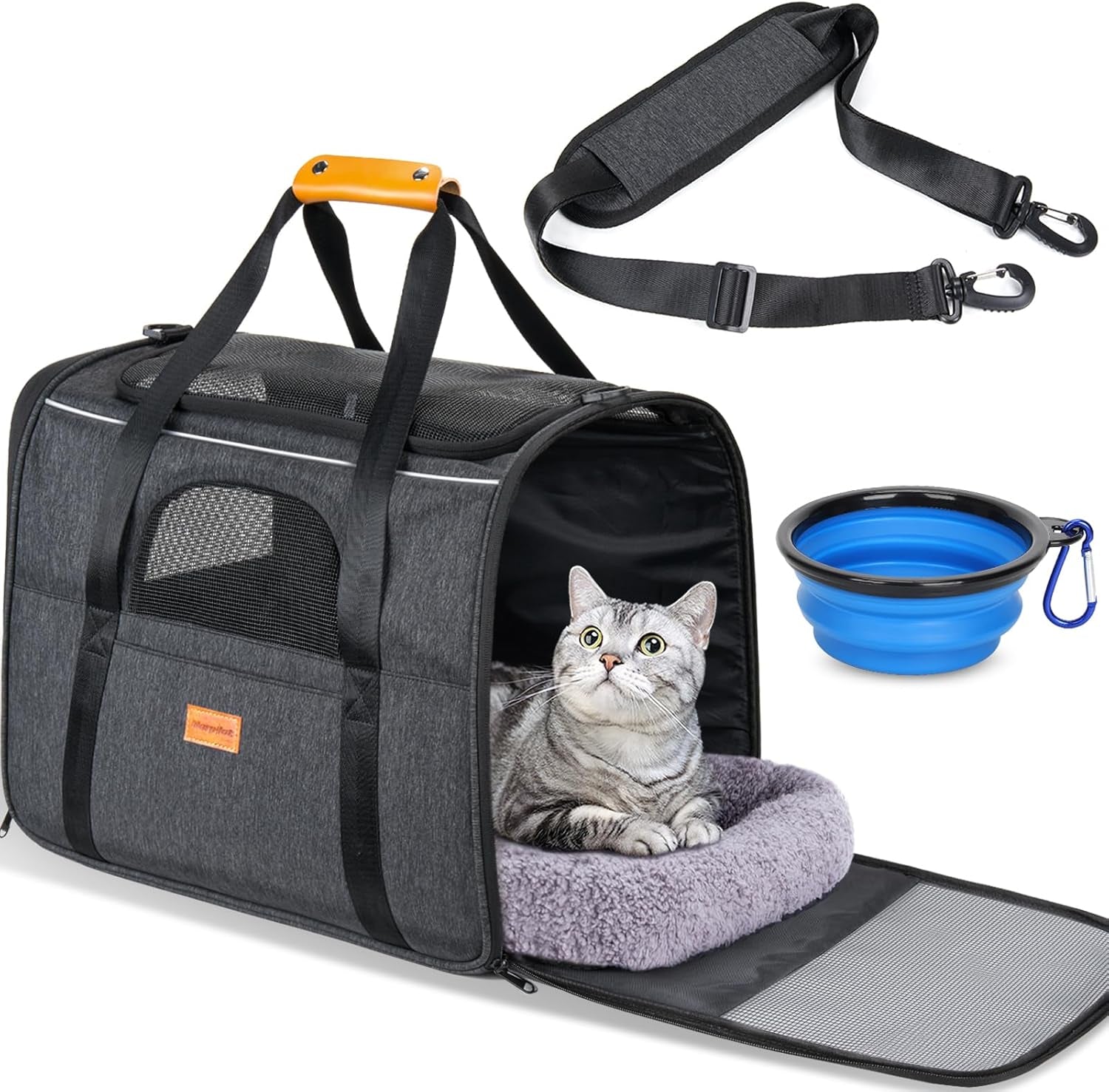 Cat Carrier - Soft Sided Cat Carrier Large for Big Medium Cats and Puppy up to 15Lbs, Pet Carrier with Safety Zippers, Foldable Bowl, Airline Approved Large Cat Carrier - Dark Gray