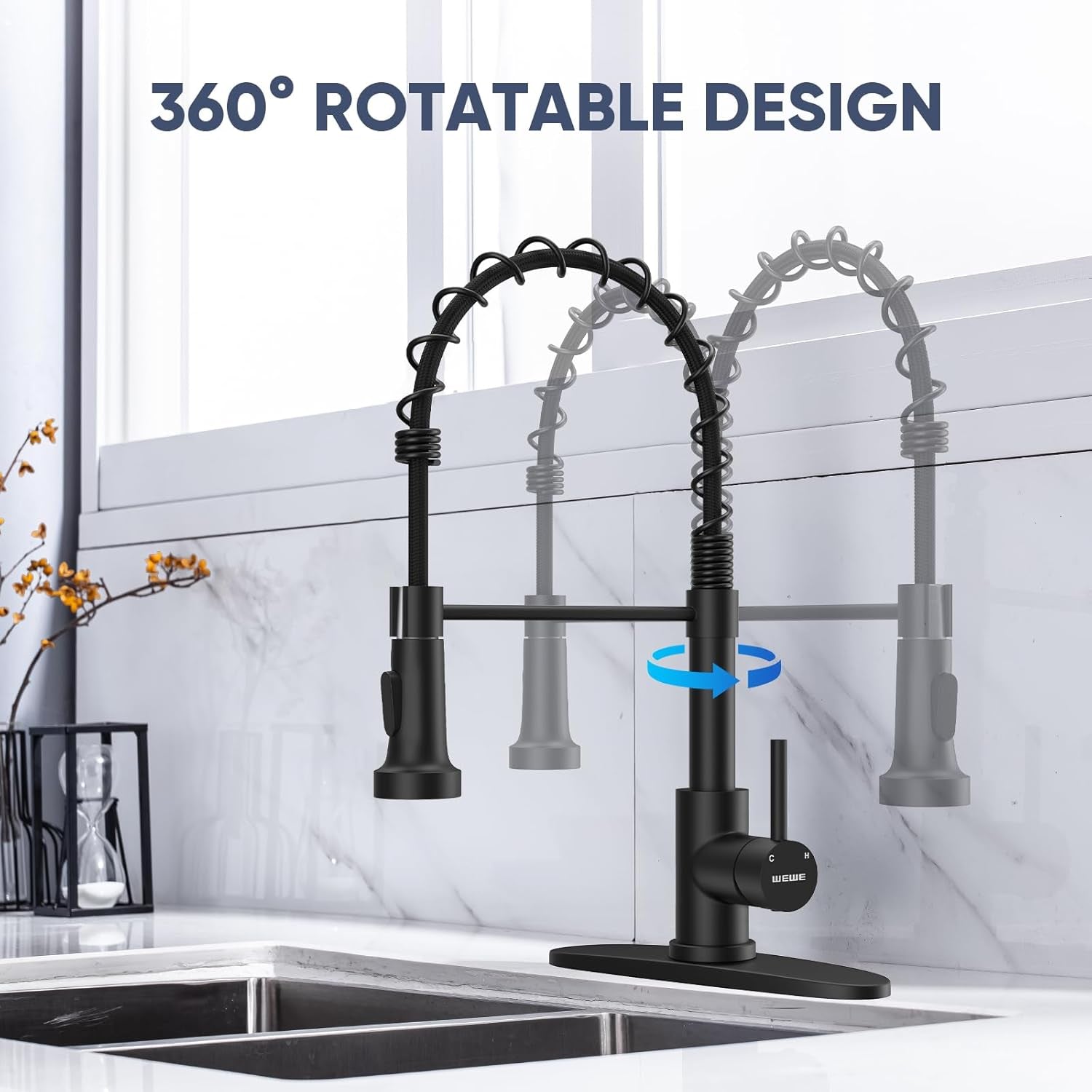 Kitchen Faucets with Pull down Sprayer Commercial Industrial Stainless Steel Single Handle Single Hole Spring Farmhouse RV Sink Faucet, Matte Black