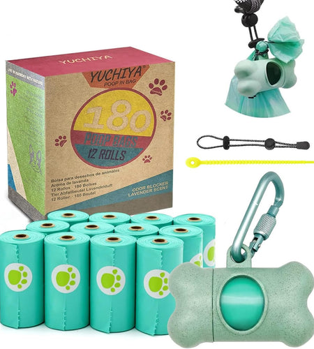 Dog Poop Pickup Bags Holder Dispenser with Standard-Sized Leak-Proof Scented Doggy Waste Bags and Carabiner with Safety Lock plus Hook and Loop Fastener Never Loose on Leash Lead Again (Blue, 1 Holder 195 Bags) …