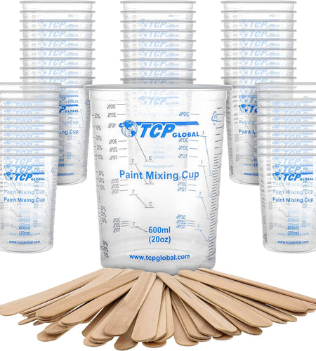 20 Ounce (600Ml) Disposable Flexible Clear Graduated Plastic Mixing Cups - Box of 50 Cups & 50 Mixing Sticks - Use for Paint, Resin, Epoxy, Art, Kitchen - Measuring Ratios 2-1, 3-1, 4-1, ML