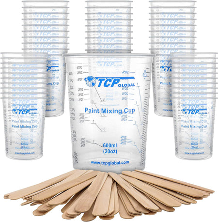 20 Ounce (600Ml) Disposable Flexible Clear Graduated Plastic Mixing Cups - Box of 50 Cups & 50 Mixing Sticks - Use for Paint, Resin, Epoxy, Art, Kitchen - Measuring Ratios 2-1, 3-1, 4-1, ML