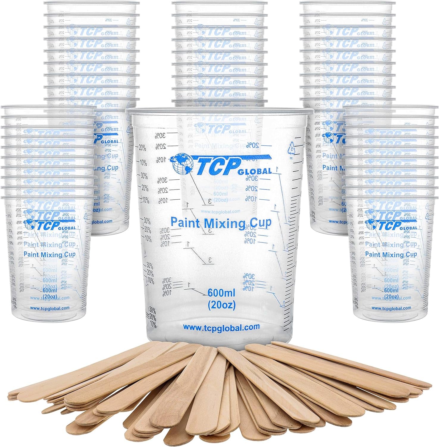 20 Ounce (600Ml) Disposable Flexible Clear Graduated Plastic Mixing Cups - Box of 50 Cups & 50 Mixing Sticks - Use for Paint, Resin, Epoxy, Art, Kitchen - Measuring Ratios 2-1, 3-1, 4-1, ML