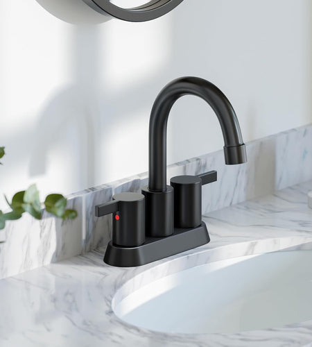 4 Inch 2 Handle Centerset Matte Black Lead-Free Modern Bathroom Faucet, 360 Swivel Spout 2-3 Hole RV Bathroom Vanity Sink Faucet with Pop up Drain and Water Supply Lines，Bf015-1-Mb