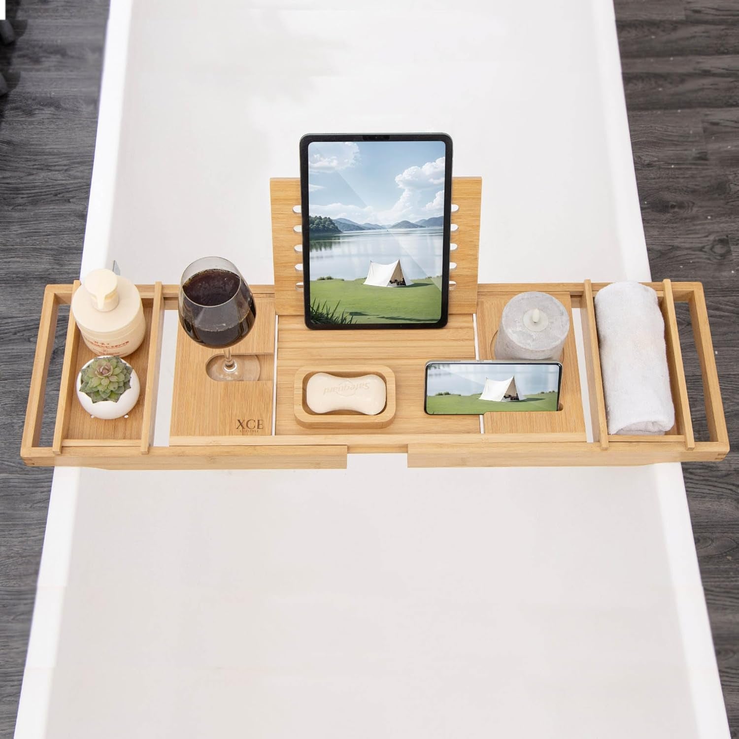 Bathtub Caddy Tray (Natural)- Bamboo Wood Bath Tray and Bath Caddy for a Home Spa Experience